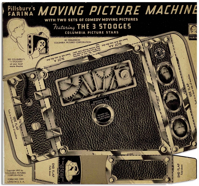 ''The 3 Stooges Moving Picture Machine'' Made by Pillsbury Farina -- Unassembled Cardboard Slide Projector Includes All 56 Slides From ''Movie Maniacs'' -- A Few Slides Damaged, Else Very Good